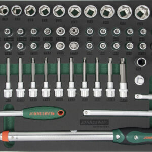 Jonnesway Dugó és nyomatékkulcs készlet, 75 db –os , ½ ” méret, polifoam tálcán